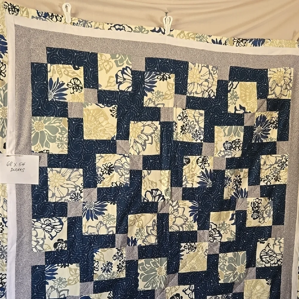 Cream and Blue Patchwork Quilt with Geometric Design